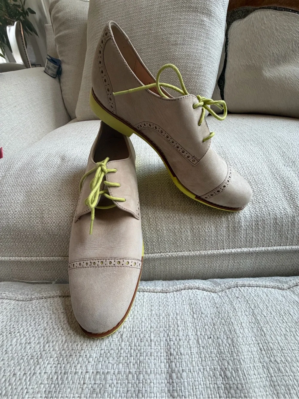 Cole Haan Beige Suede Brogue Oxfords with Lime Green Laces